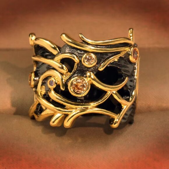 Wide Abstract  Black Gold Inlaid Red Zircon Statement Cocktail Ring Size… - Picture 4 of 5